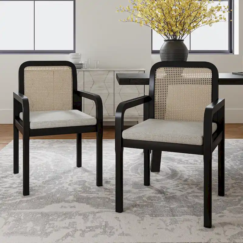 Black/Acorn Rattan Back Dining Chair with Removable Cushion, Set of 2