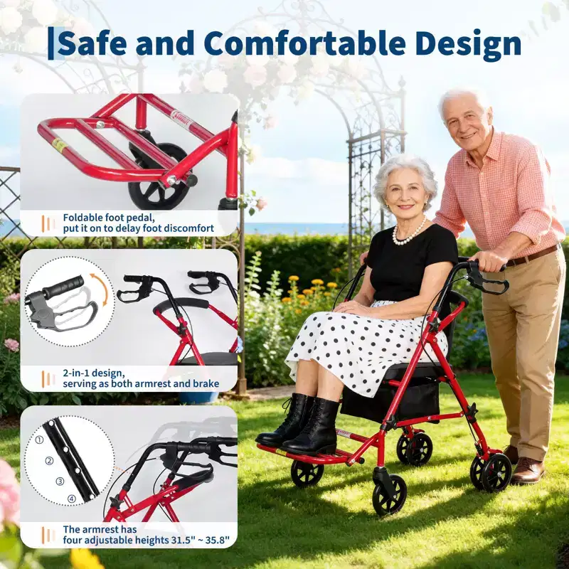 Portable Collapsible Wheelchair for Adults, 299lb Capacity, 6 Wheels, Adjustable Height, Underseat Storage, Comfortable Seat & Foot Pedal