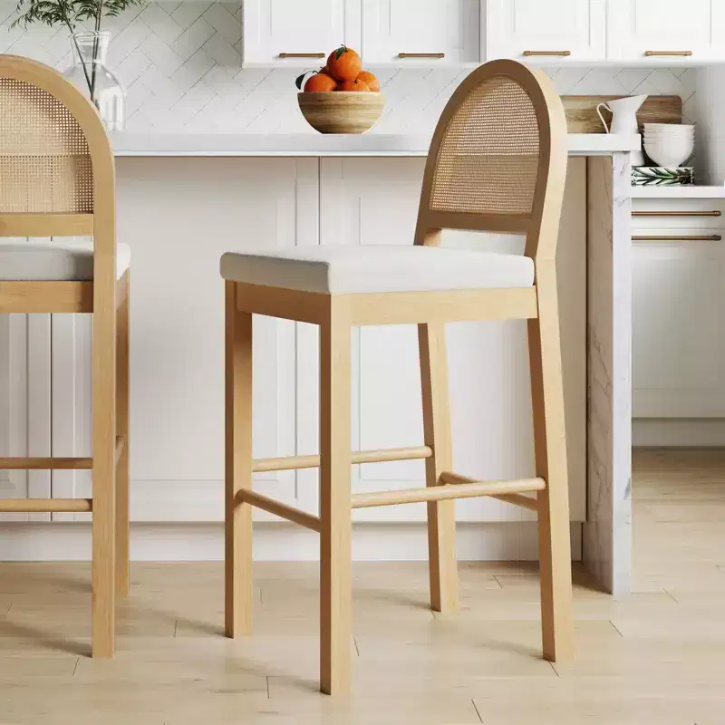 Counter Height Barstool, Oak Rattan Back with Cream Boucle Seat