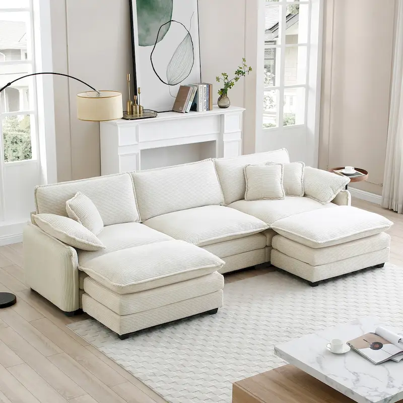 Beige 5-Piece Corduroy U-Shaped Modular Sectional Sofa with 2 Ottomans