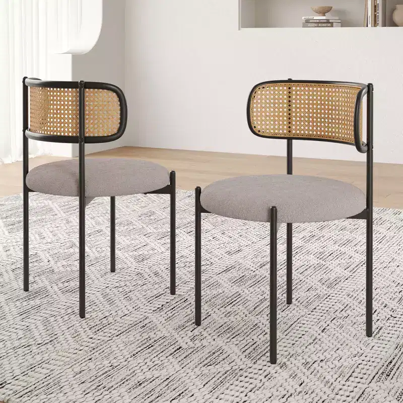 PexFix 4Pcs Modern Upholstered Dining Chairs Rattan Back Dining Room Chairs Accent Kitchen Chairs with Metal Legs Light Gray