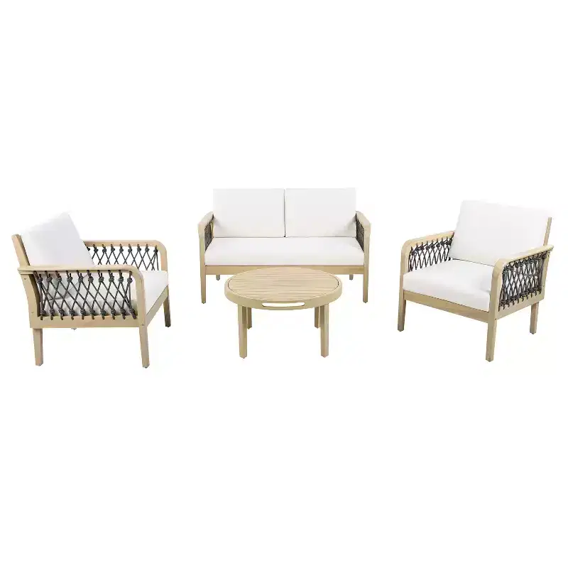 Christopher Knight Home Yuna Farmhouse 4 Piece Outdoor Acacia Wood Seating Set with Slatted Round Table