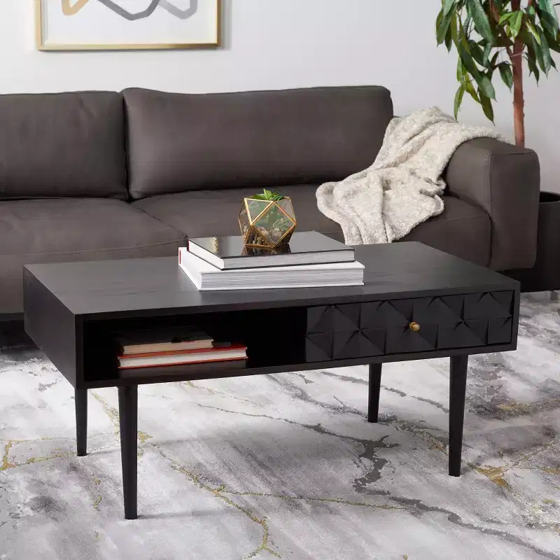 Coffee Table with Open Shelf and Carved Drawer, Walnut Finish