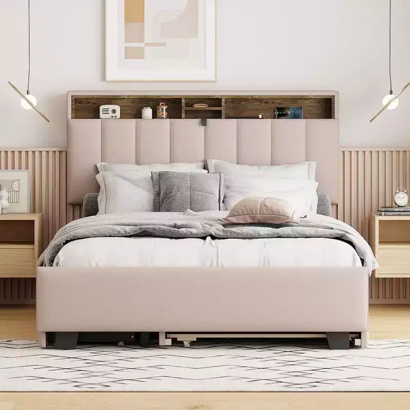 Full/Queen Size Upholstered Platform Bed with Storage Headboard, Twin Size Trundle, 2 Drawers and Sockets & USB Ports, 4L -ModernLuxe