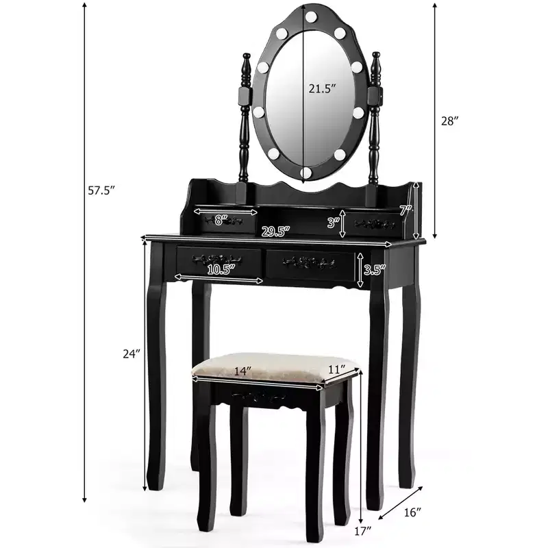 Costway Makeup Vanity Dressing Table Set w/10 Dimmable Bulbs Cushioned Stool