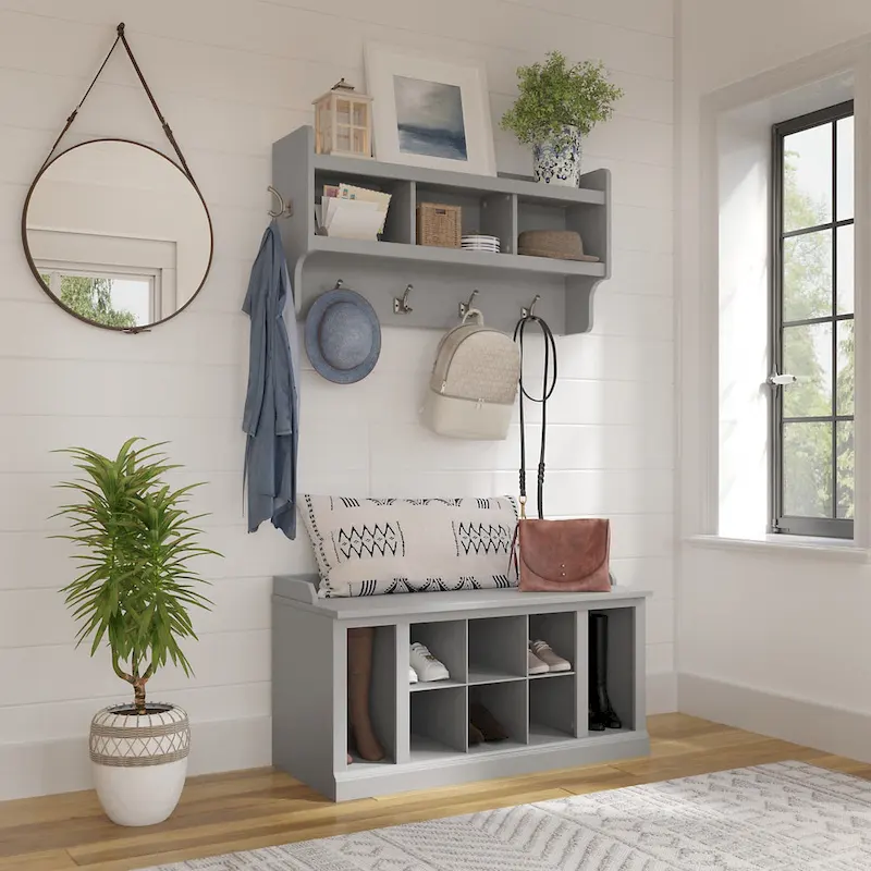 Woodland 40W Shoe Bench w/ Shelves & Wall Coat Rack by Bush Furniture