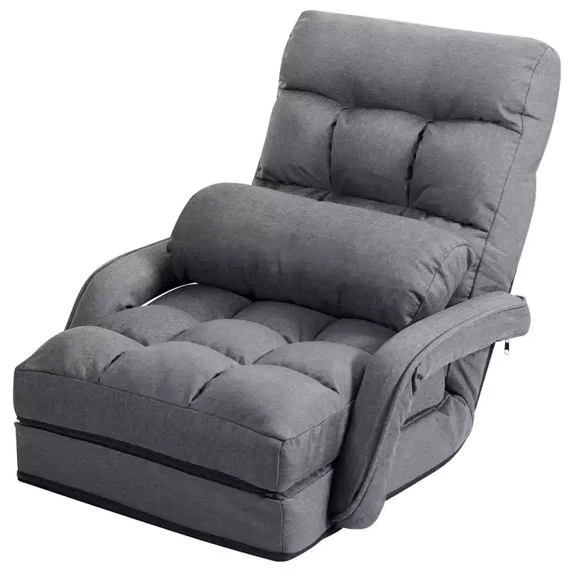 Costway Folding Floor Armchair w/ 6-position Adjustable Back & Lumbar Pillow Red\Grey