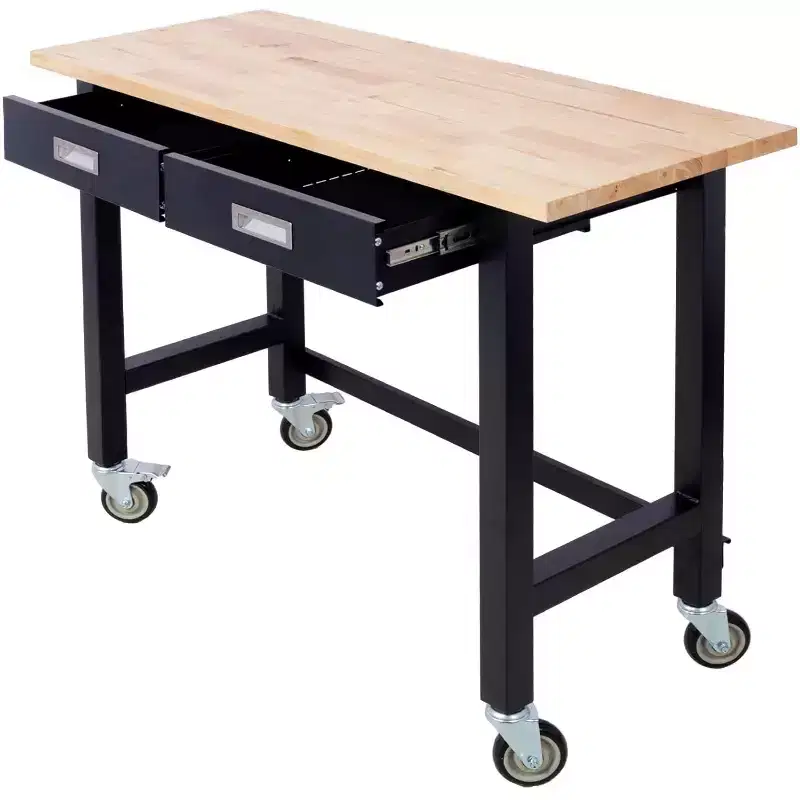 Adjustable Workbench - Heavy-Duty Bamboo and Steel Workstation with Drawers, Power Outlets(Black)