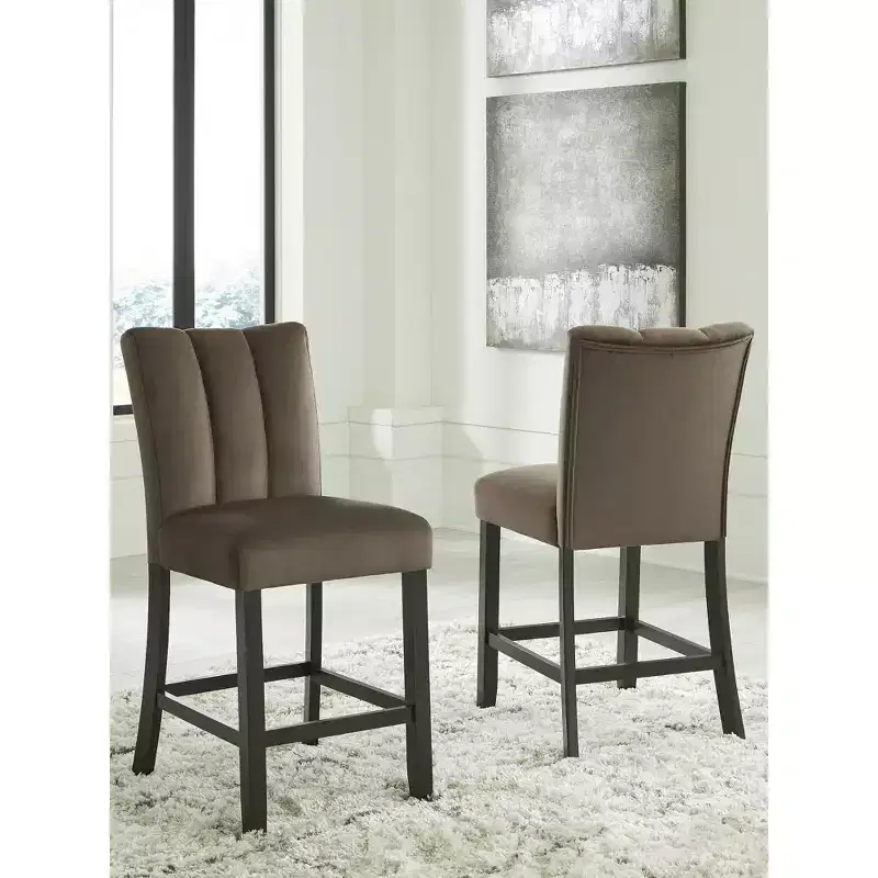 Signature Design by Ashley Zendalia Upholstered Counter Height Bar Stools - Set of 2, Mocha Brown Velvet with Channel Stitching