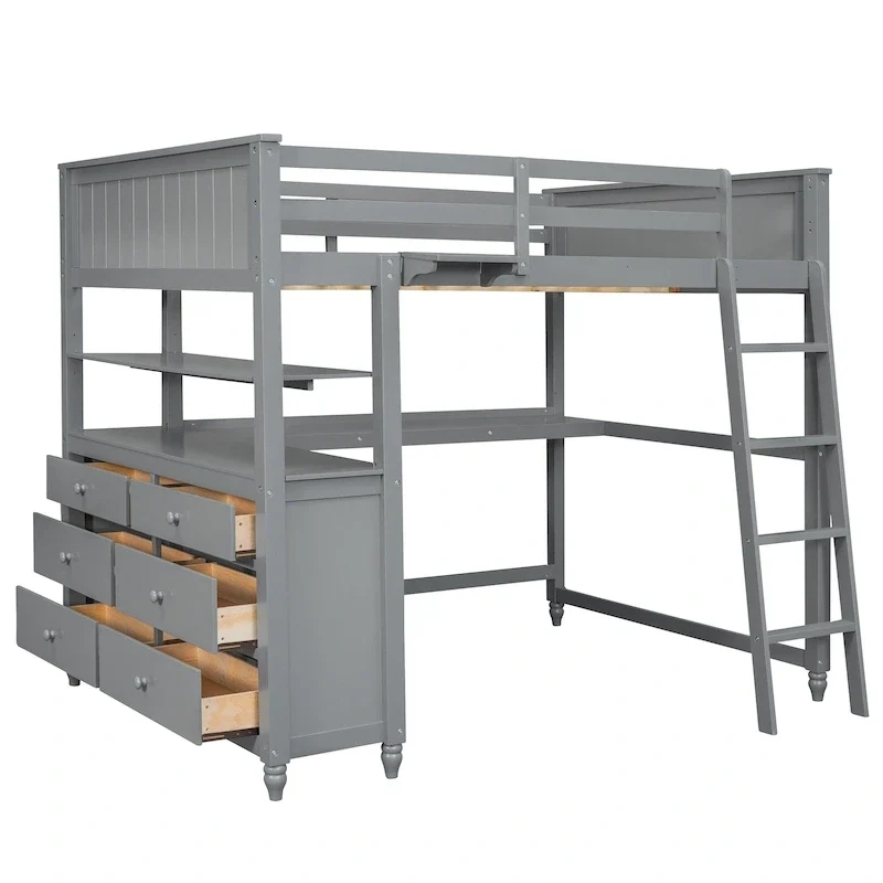 Full size Loft Bed with Drawers and Desk, Wooden Loft Bed with Shelves