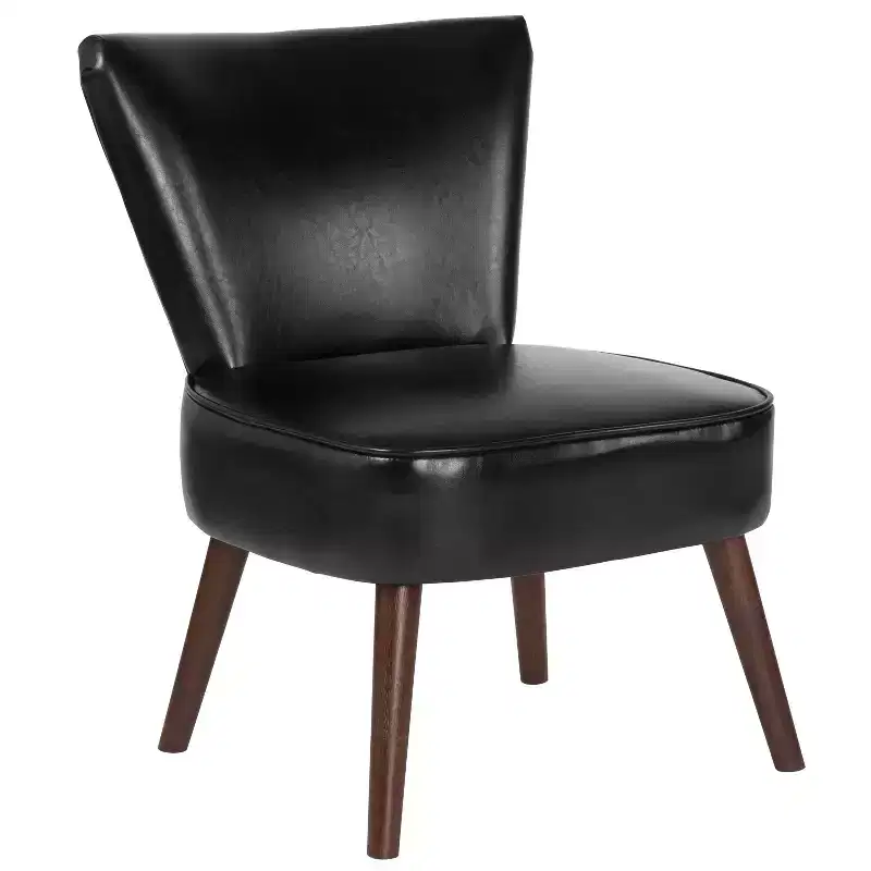 Merrick Lane Santino Black Faux Leather Mid-Back Retro Accent Side Chair with Flared Wooden Legs