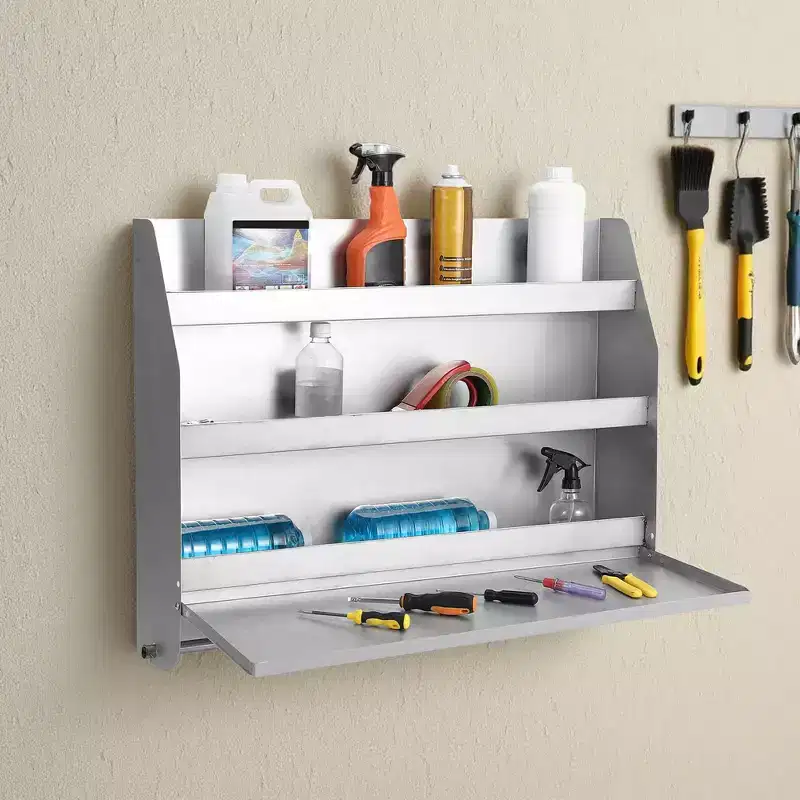 Aluminum Work Station Cabinet, Wall-Mounted Storage with Flip-Up Work Surface and Tool Trays