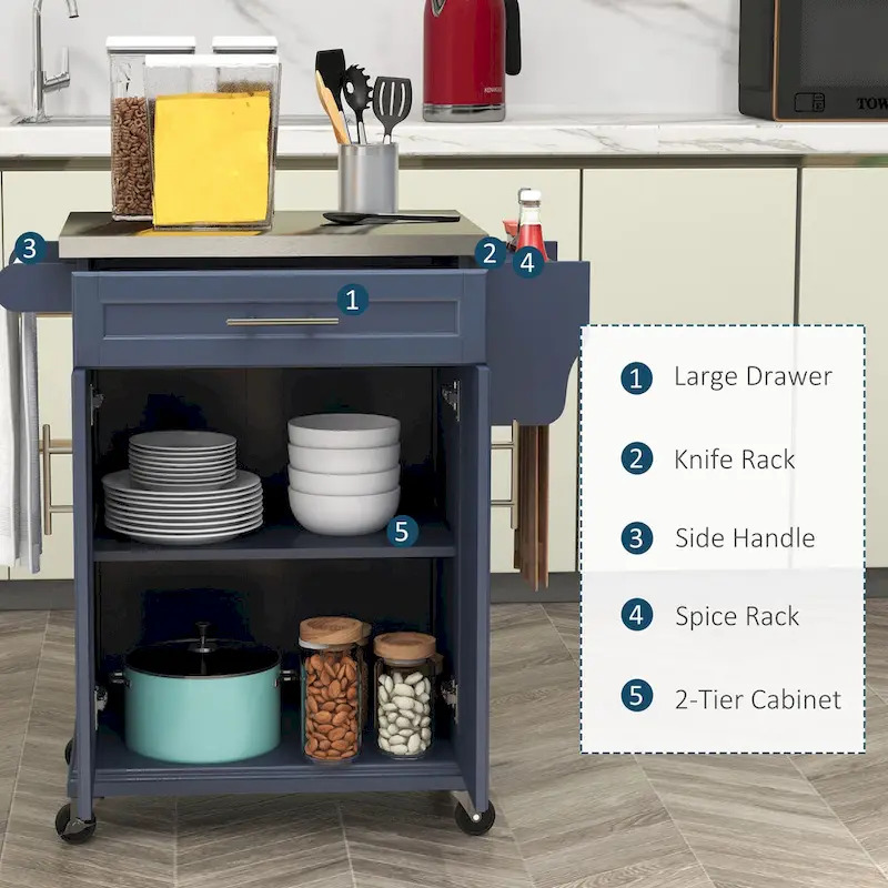 Kitchen Island on Wheels, Rolling Kitchen Cart with Stainless Steel Countertop, Drawer, Gray
