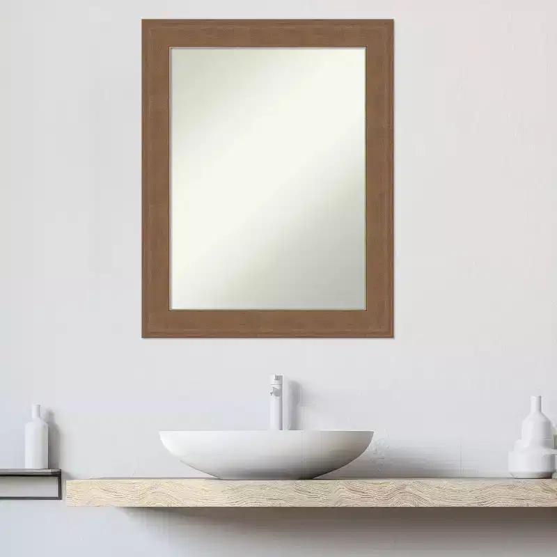 Non-Beveled Bathroom Wall Mirror, Medium Brown Wood-Look Frame, 22.5