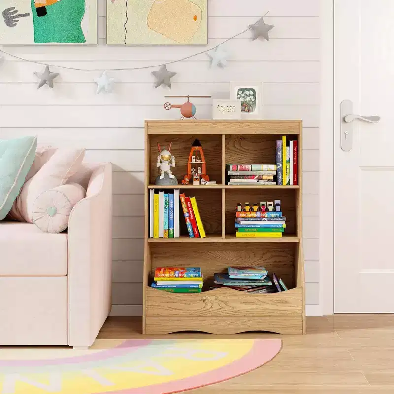 Costway 3-Tier Children's Multi-Functional Bookcase Toy Storage Bin Floor Cabinet Gray/White/Natural