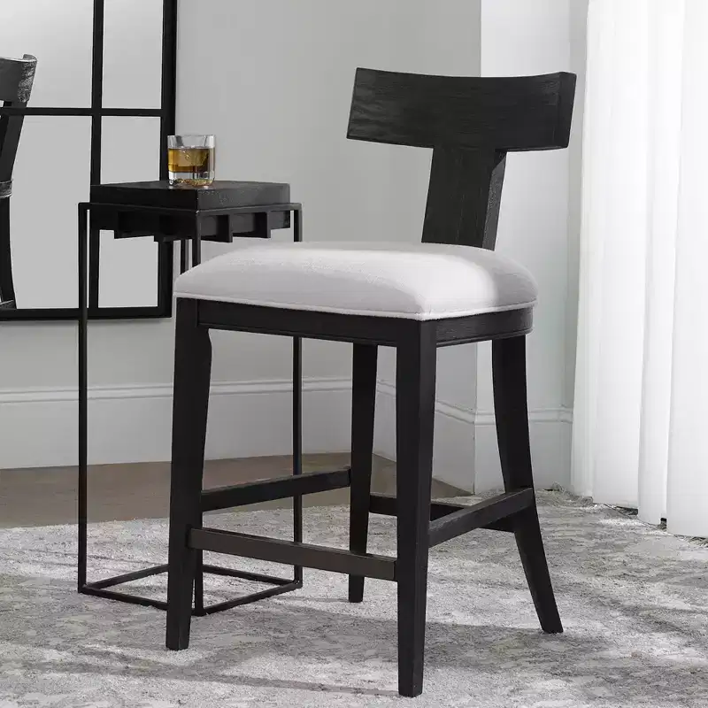 Uttermost Charcoal Wood Bar Stool Black 26 1/4 High Modern White Fabric Cushion with Backrest Footrest for Kitchen Counter Height