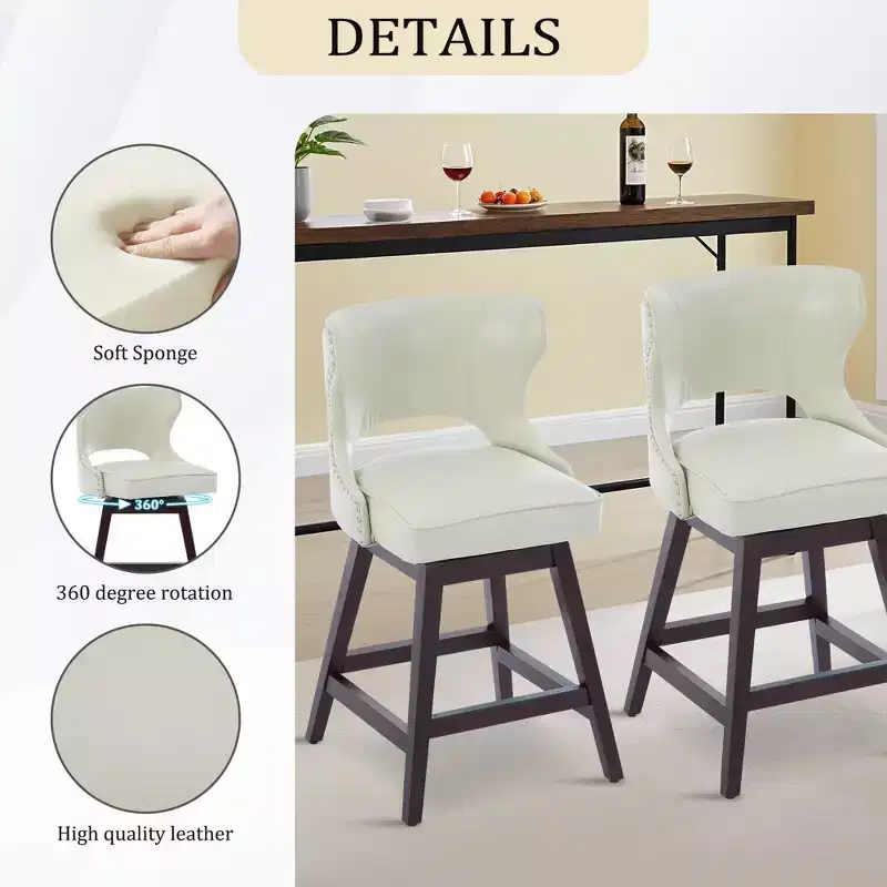 Swivel Nailhead Counter Bar Stools Set of 2 Upholstered 360° Solid Wood Legs 26