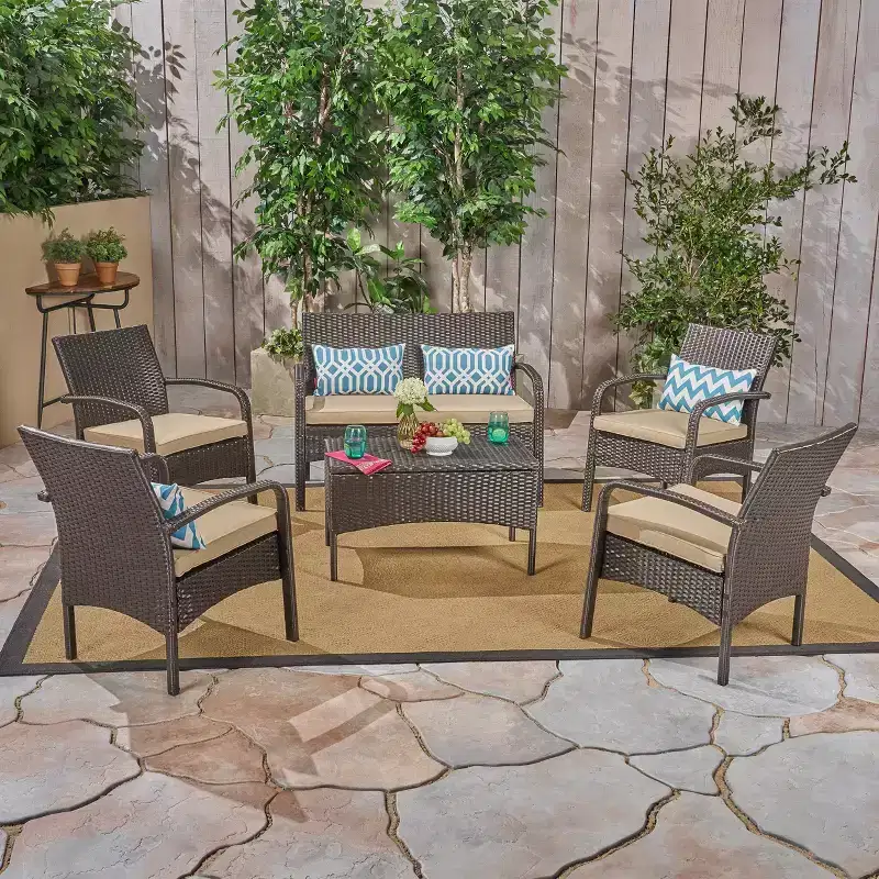 GDFStudio Kilburn Outdoor Wicker 6 Seater Chat Set with Water-Resistant Cushion