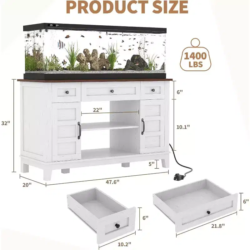 55-75 Gallon Aquarium Stand with Power Outlet, 3 Drawers & Cabinets, 1400 lbs, Farmhouse