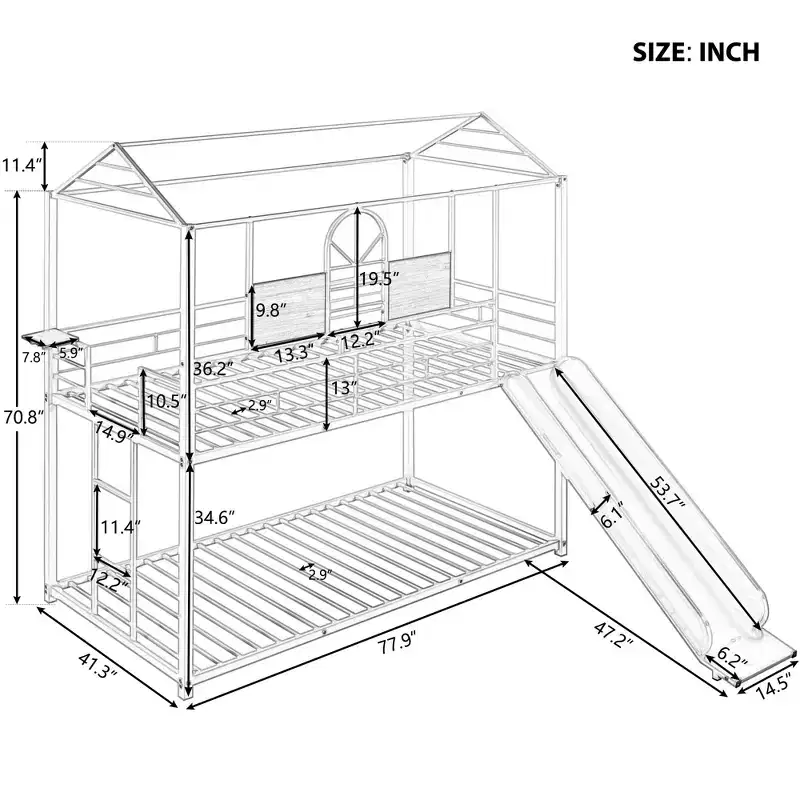 Twin Over Twin Bunk Bed with Slide and Ladder, House Floor Bunk Bed with Guardrails and Shelf, White