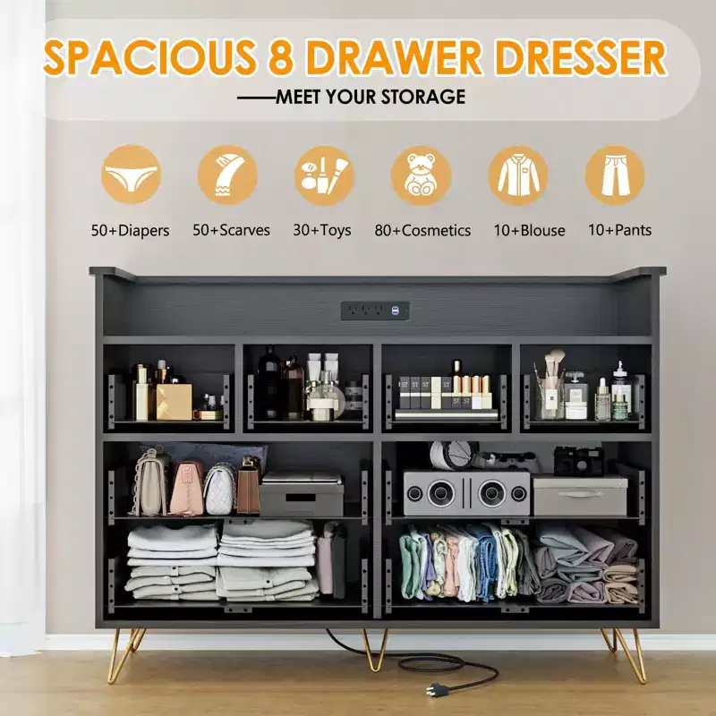 8-Drawer Dresser with Power Outlet, LED Lights & Gold Handles, Modern Wood Chest, White