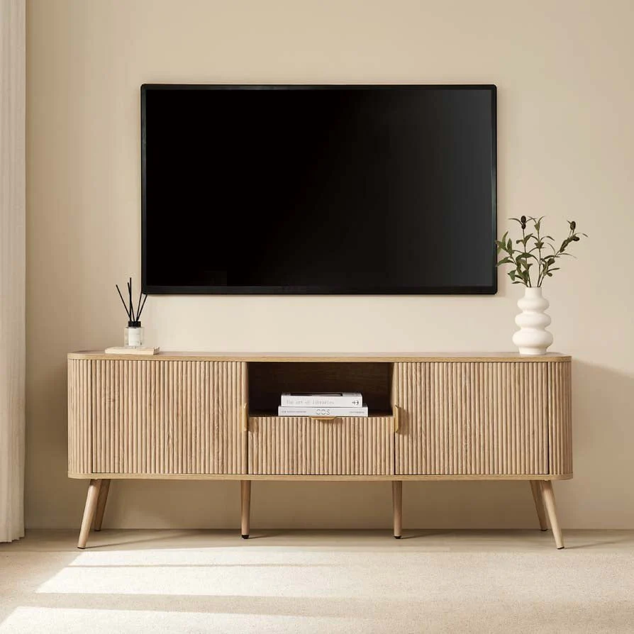Scandi Light Wood TV Unit with Panelled Design for TVs up to 65 Inch for Living Room