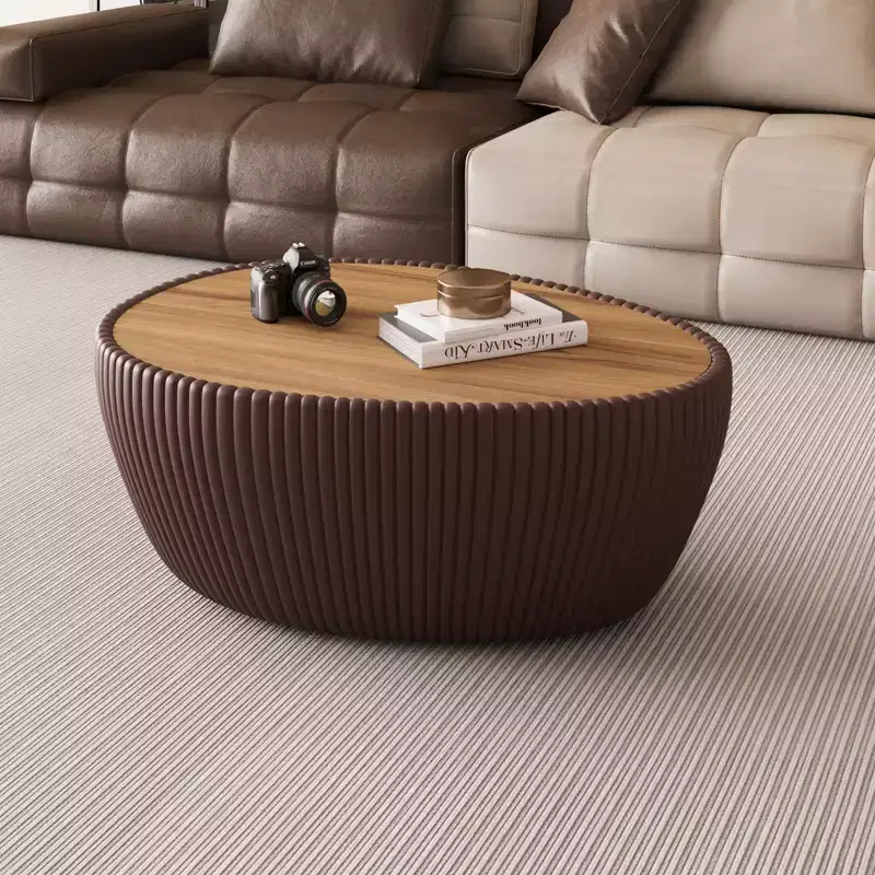 Goose Egg-Shaped Leather Coffee Table with Sintered Stone Top and Unique Pattern