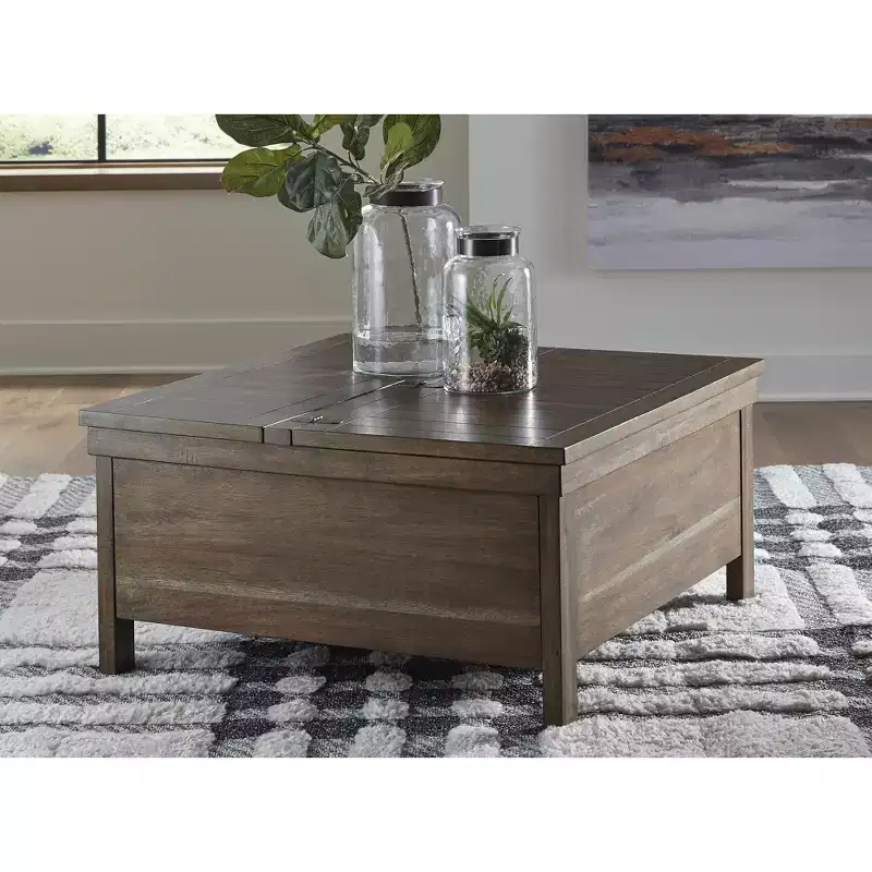 Signature Design by Ashley Moriville Rustic Hinged and Lift Top Cocktail Table with Hidden Storage, Light Brown