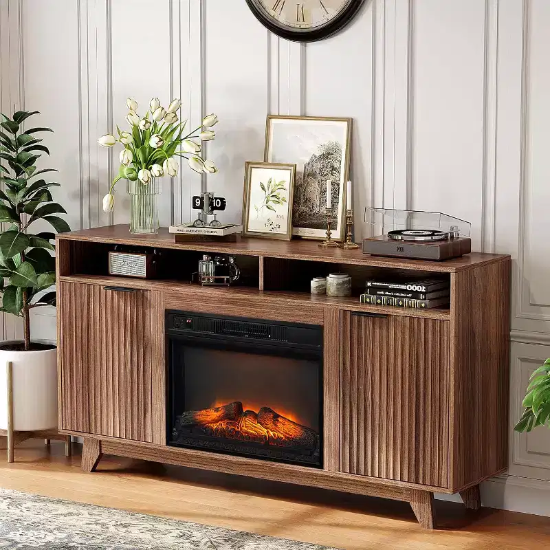 Fireplace TV Stand for up to 70 inch TVs, Fluted Entertainment Center with Electric Fireplace Heater & Adjustable Shelves Open Cabinet
