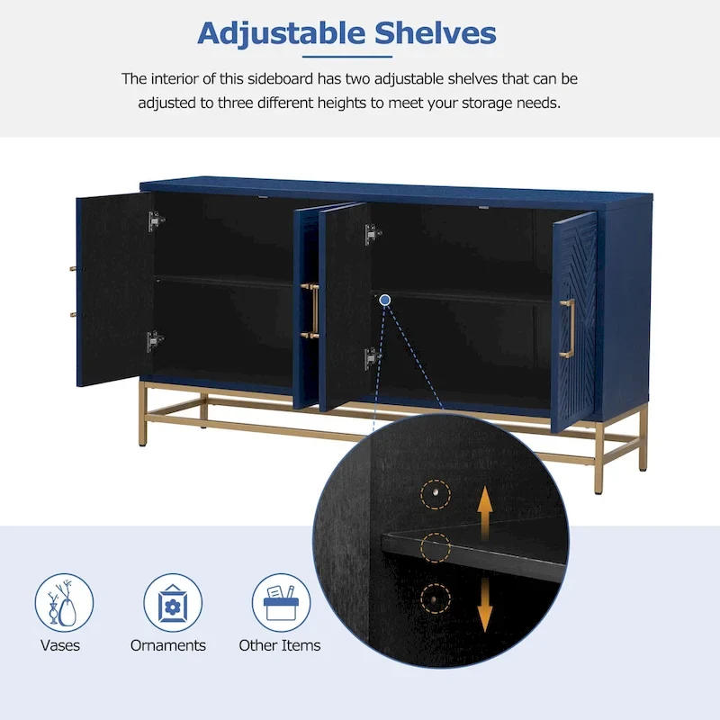 Retro Style Sideboard with Adjustable Shelves, Rectangular Metal Handles and Legs