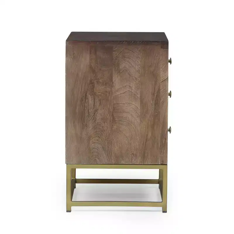 3-Drawer Mango Wood Nightstand with Gold Fish Scale Pattern & Iron Legs, Mid-Century Modern