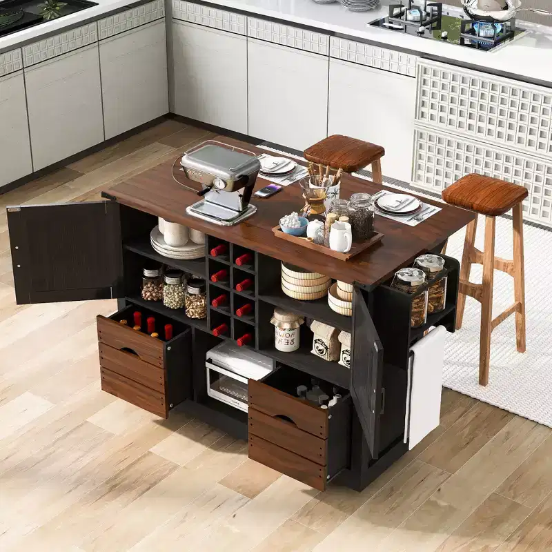 A countertop storage rack with a folding tabletop and power outlet, featuring two doors and two drawers; a kitchen trolley suitable for both kitchens and dining rooms.