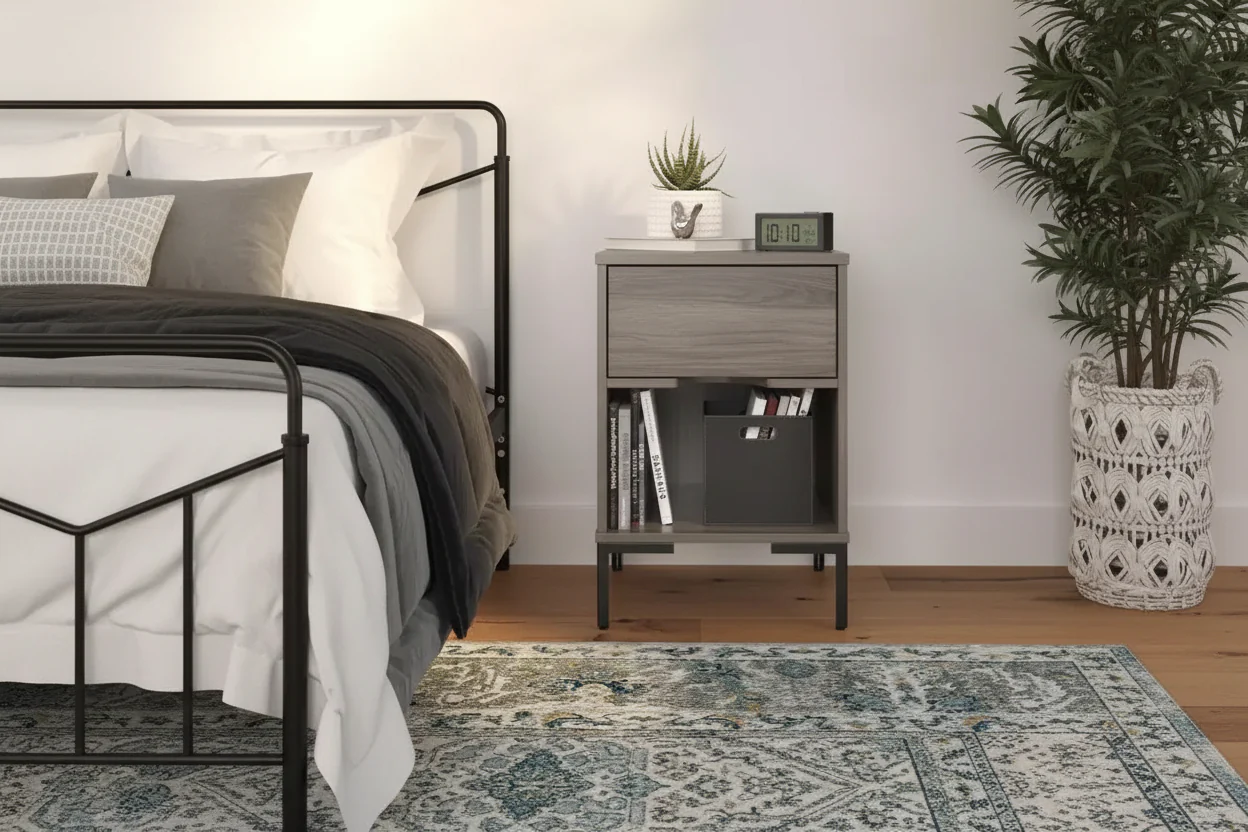Weathered Oak Nightstand with Drawer and Open Shelf – 26