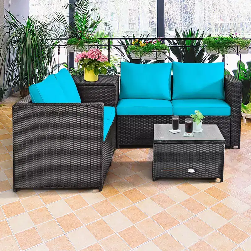 Costway 4PCS Outdoor Patio Rattan Furniture Set Cushion Loveseat Storage Table Turquoise\Red