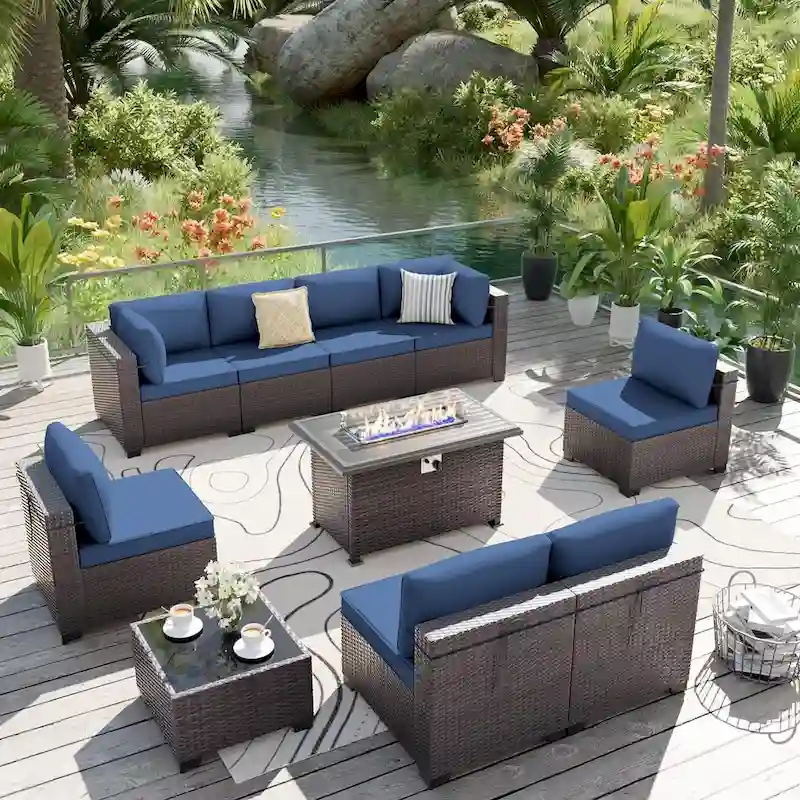 Delnavik 9-Pcs Wicker Patio Furniture Set with Firepit,Outdoor Seatings with Cushions - 9 pieces