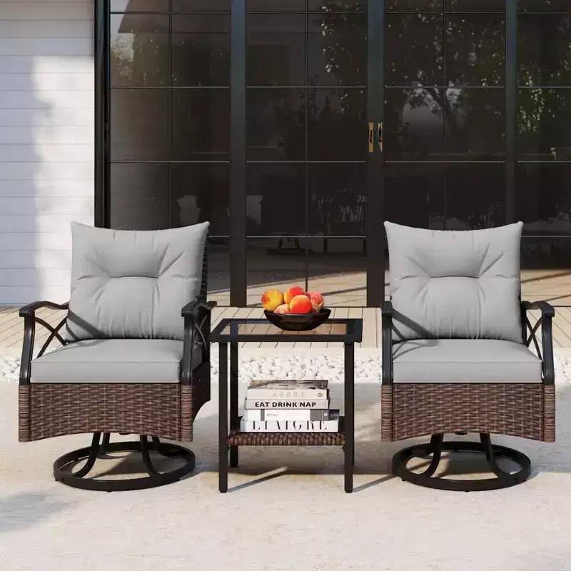 Costway 3 PCS Patio Swivel Rocker Set with 2-Tier Coffee Table & Cozy Seat Back Cushions