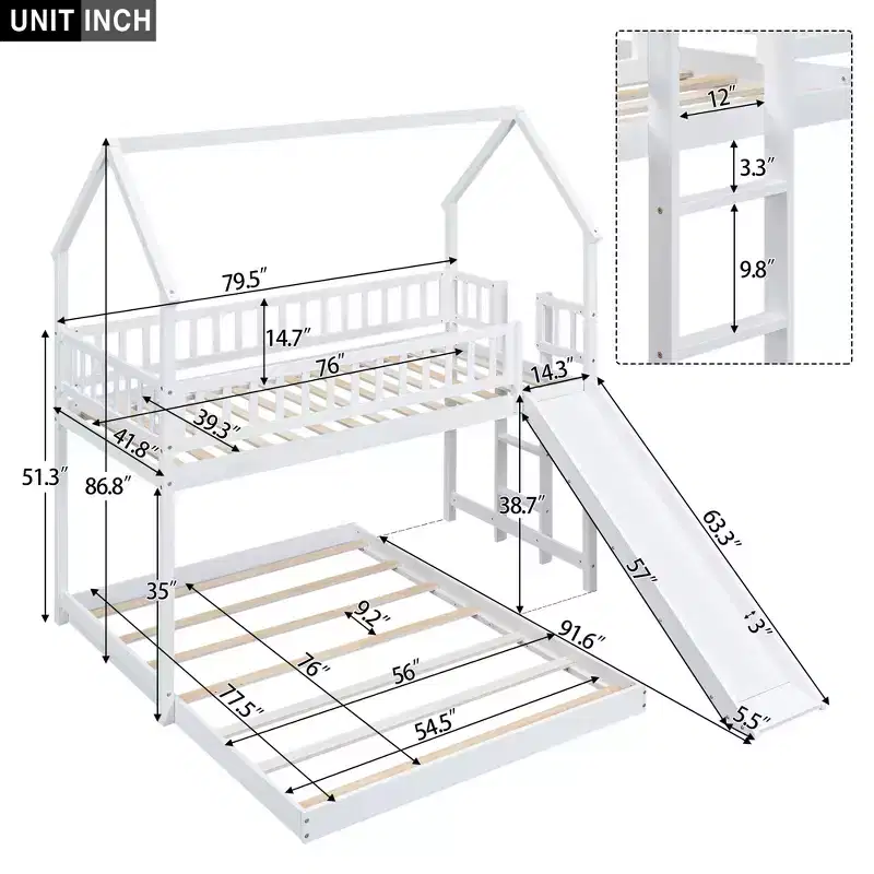 Whisen House Roof Design Twin over Full House Bunk Bed with Slide and Built-in Ladder