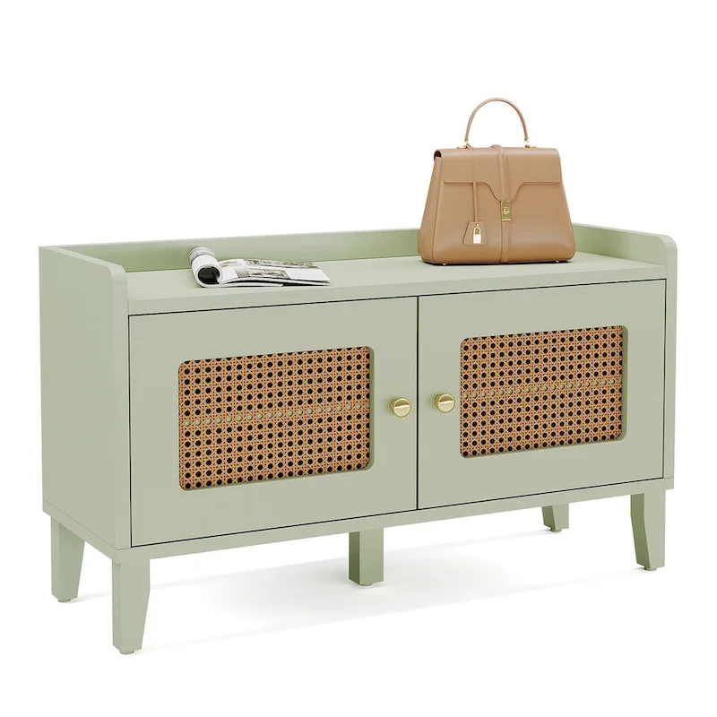 Green 2-Door Rattan Shoe Cabinet Bench for 1