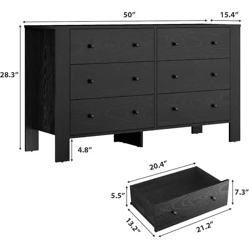 50 Black 6 Drawer Dresser with Deep Drawers & Metal Knobs, Modern Wooden Chest for Bedroom, Entryway & Hallway