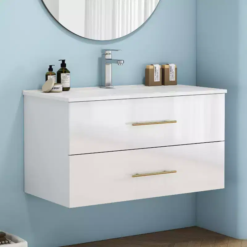 Bathroom Vanity Wall-Mounted with Sink, Double Drawers, Ceramic Sink, Long Metal Handle, Easy to Install