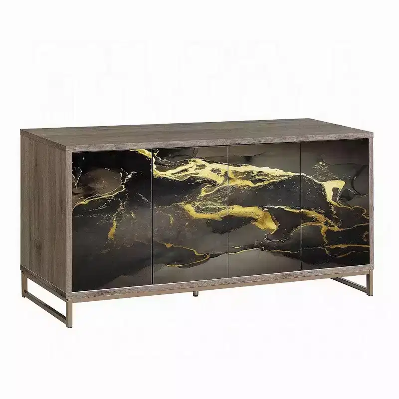 Sideboard Console Cabinet, Black Marble Look, Brown Wood 65 Inch