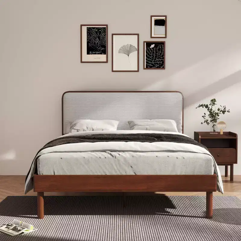Roundhill Furniture Wyller 2-Piece Bedroom Set, Platform Bed with Nightstand, Natural Walnut, Queen