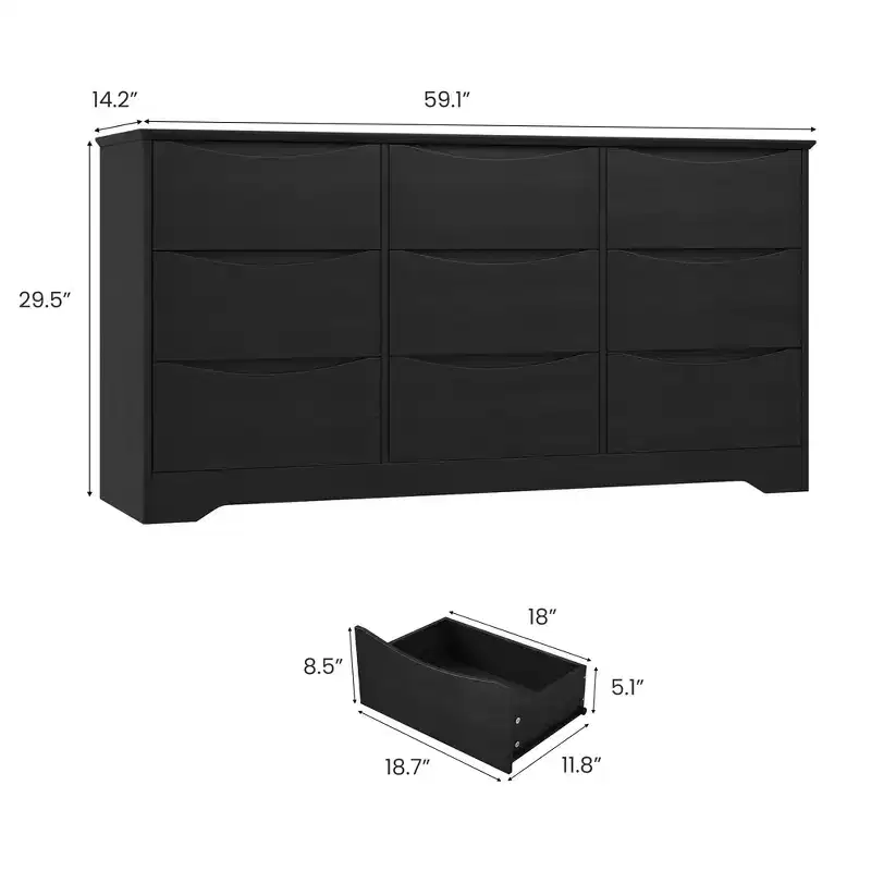 59-Inch Wide 9-Drawer Wooden Dresser with Hidden Handles & Wide Top – Modern Storage Chest