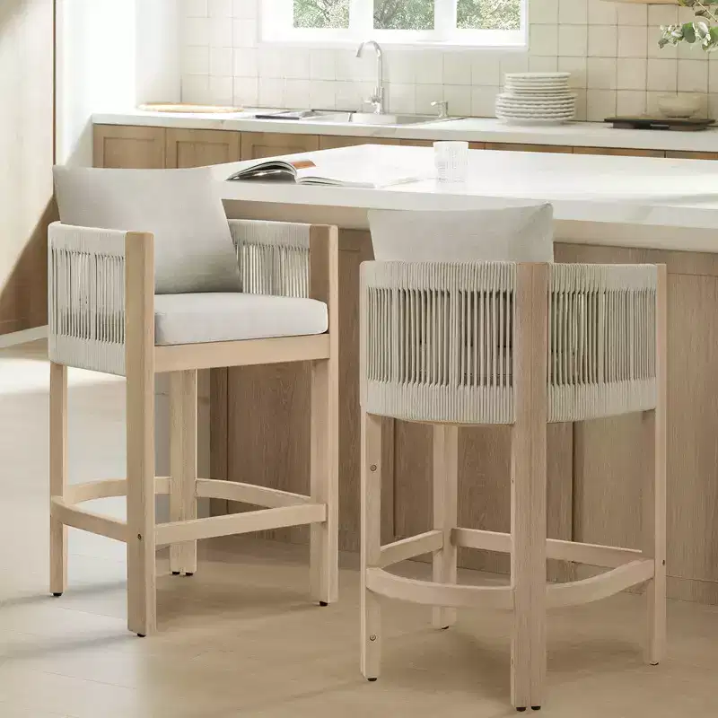 Spruce&Spring Modern Upholstered Acacia Wood Counter Barstool with Handwoven Rope Back for Indoor&Outdoor, Set of 2