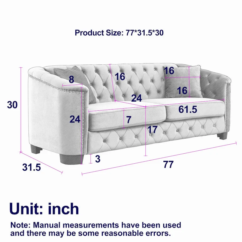 Grey 77 Modern Velvet 3-Seater Sofa with Tufted Backrests and Nailhead Trim