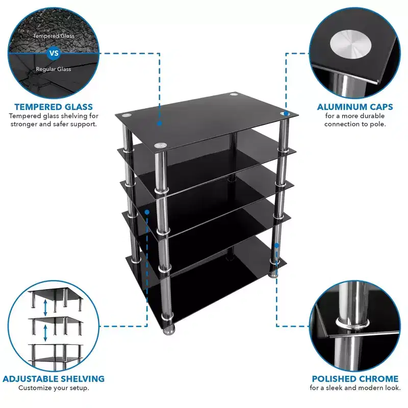 Tempered Glass AV Component Media Stand, Audio Tower and Media Center with 5 Shelves, 220 Lbs Total Capacity, Black Shelves Chrome Legs