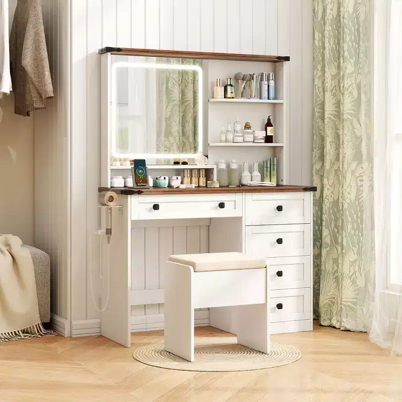 Costway Farmhouse Vanity Set w/ Mirror and Lights Dressing Table & Chair Set