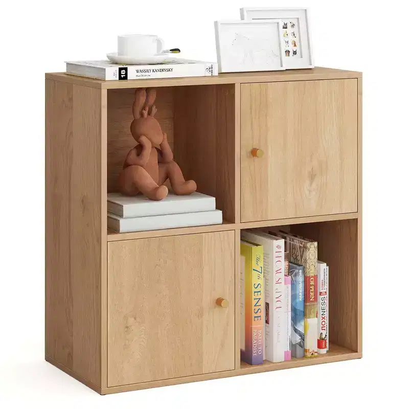 4-Cube Bookcase with Dual Anti-Tipping Kits & 2 Cabinets Storage Organizer White/Natural