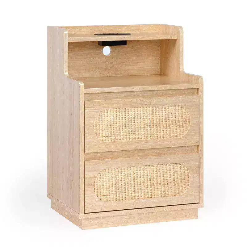 Washed White Nightstand with 2 Drawers Shelf and US Power Outlet