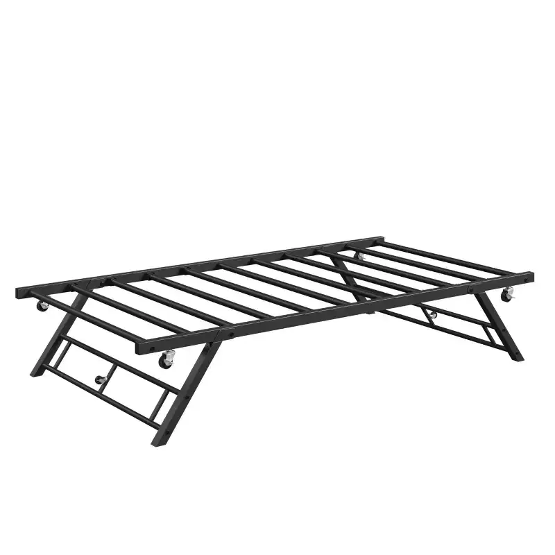 Twin Pop Up Trundle Bed Frame with Lockable Casters,Foldable Metal Platform